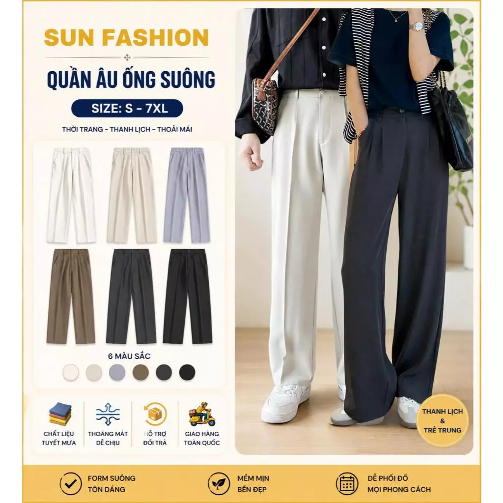 Quần âu ống suông nam nữ nửa cạp chun 7 màu Suncbvn, chất vải mềm mịn, phong cách hàn quốc