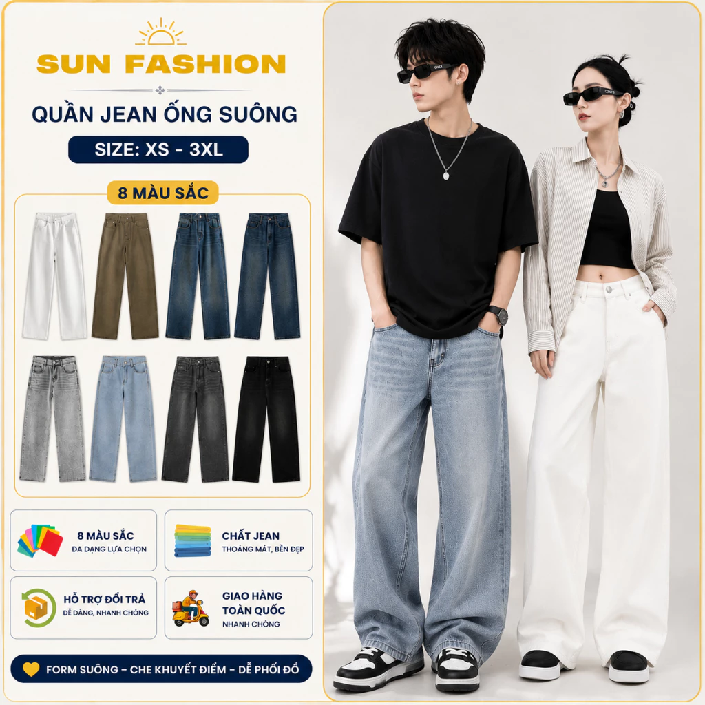 Quần jean ống rộng nam nữ unisex SUN T9 màu sắc đa dạng, cạp thường hách dáng phong cách hàn quốc