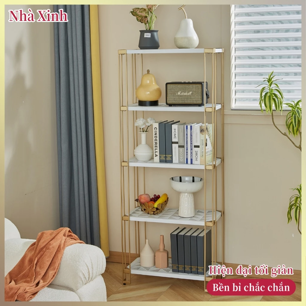 Kệ lưu trữ mặt trắng khung vàng bền đẹp, kệ trang trí để sách cây cảnh đồ trang trí gia đình chịu lực cao thiết kế thanh