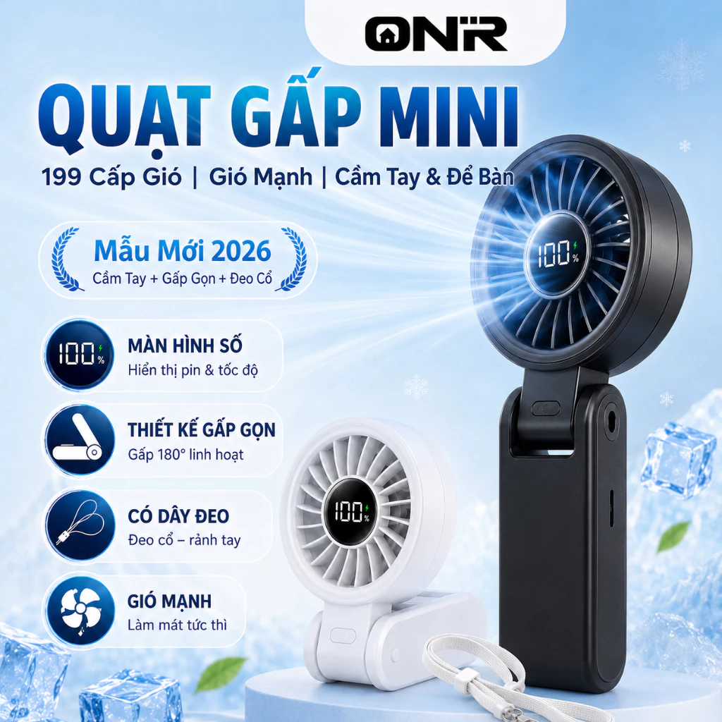 Quạt Mini Cầm Tay Tích Điện Có Thể Gập Gọn Đeo Cổ, 199 Tốc Độ Gió, Màn Hình LED, Chip AI, Nhẹ 7.5cm, Sạc USB