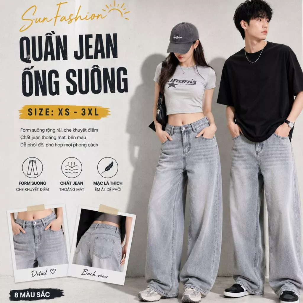 Quần jean nam nữ ống suông  WASH XÁM TRẮNG Suncbvn T9 thiết kế basic dễ phối đồ, phong cách hàn quốc