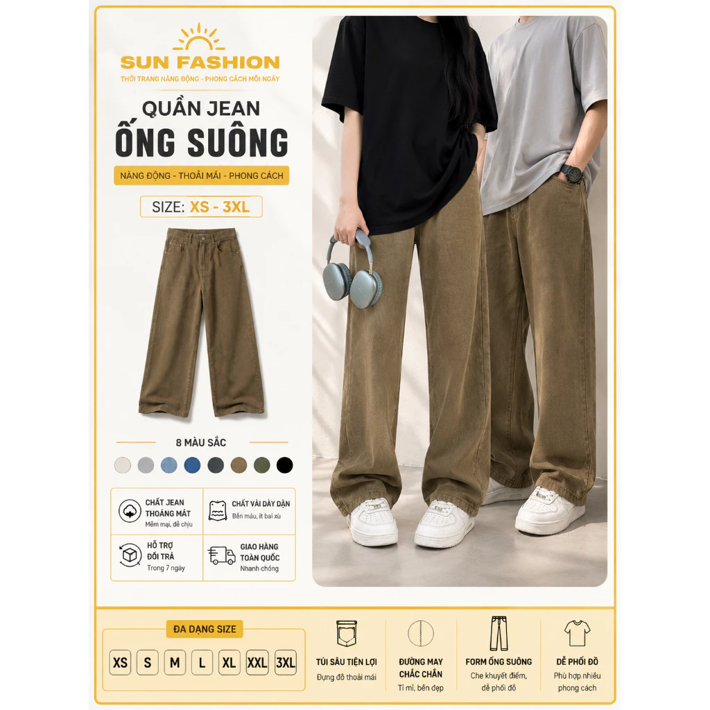 Quần jean nam nữ ống rộng Suncbvn T9 MÀU NÂU quần cạp cao siêu hack dáng, phong cách hàn quốc unisex