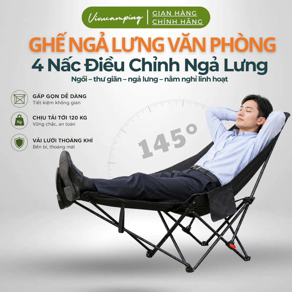 Ghế Ngủ Trưa Văn Phòng Vivu Outdoor, Ghế Xếp Thư Giãn Ngả Lưng 165°, Chịu Tải 150kg Kèm Gác Chân