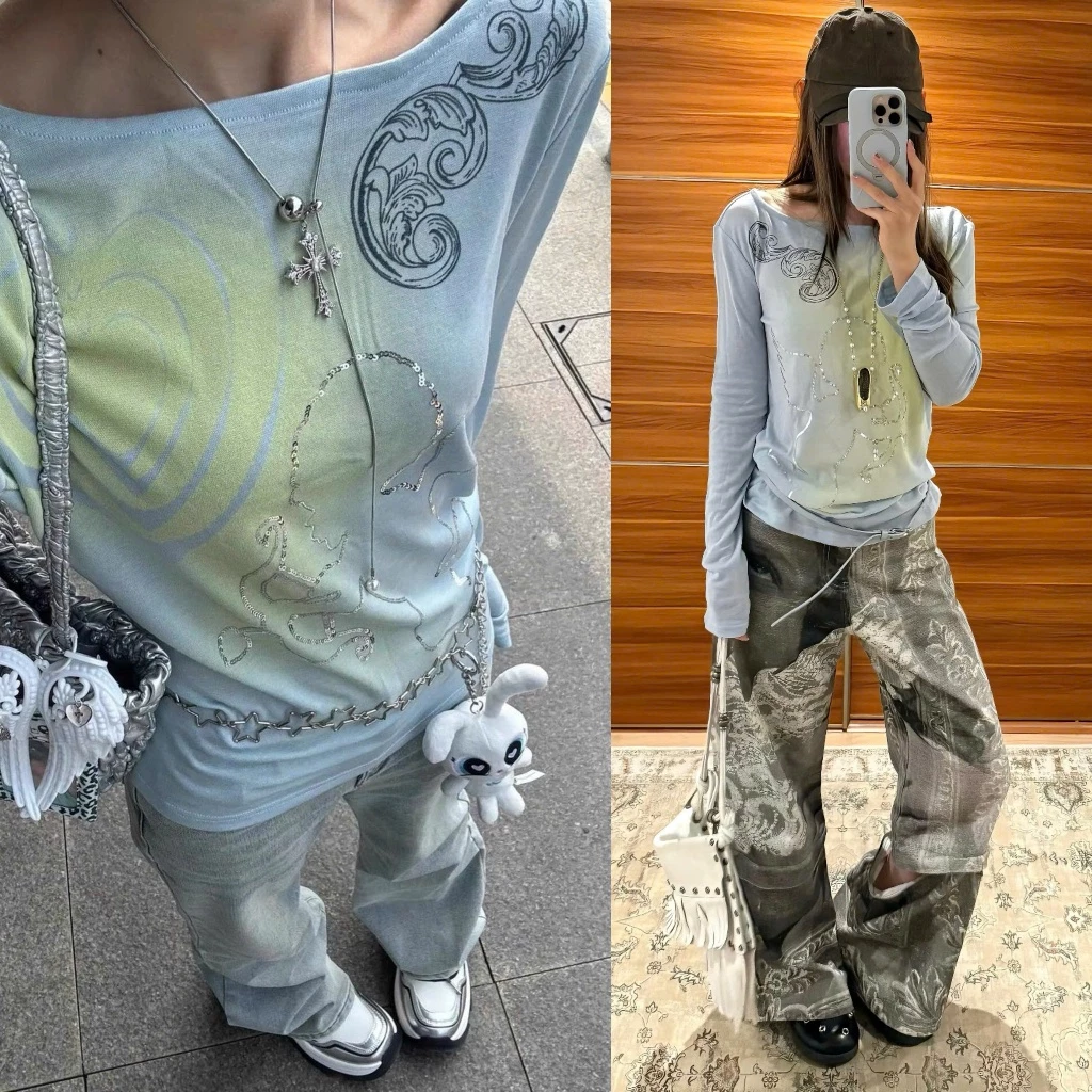 Áo thun dài tay màu xanh loang hoạ tiết thiên thần lấp lánh cổ thuyền cá tính ATDT092 - Tiktik
