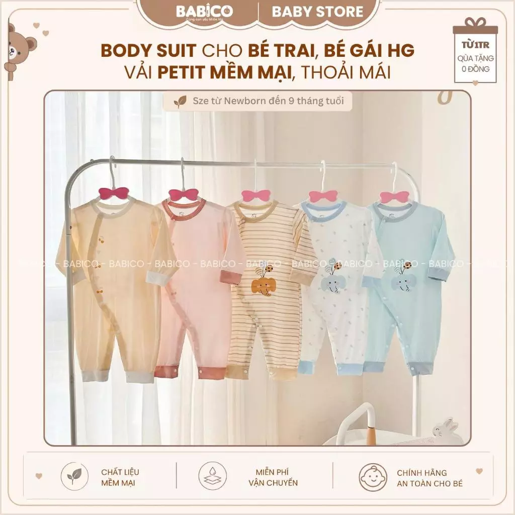 [MỚI] Body Suit Dài Tay Sơ Sinh HG Vải Petit Siêu Mềm Thoáng, Bộ Liền Thân Viền Màu Đáng Yêu Cho Bé