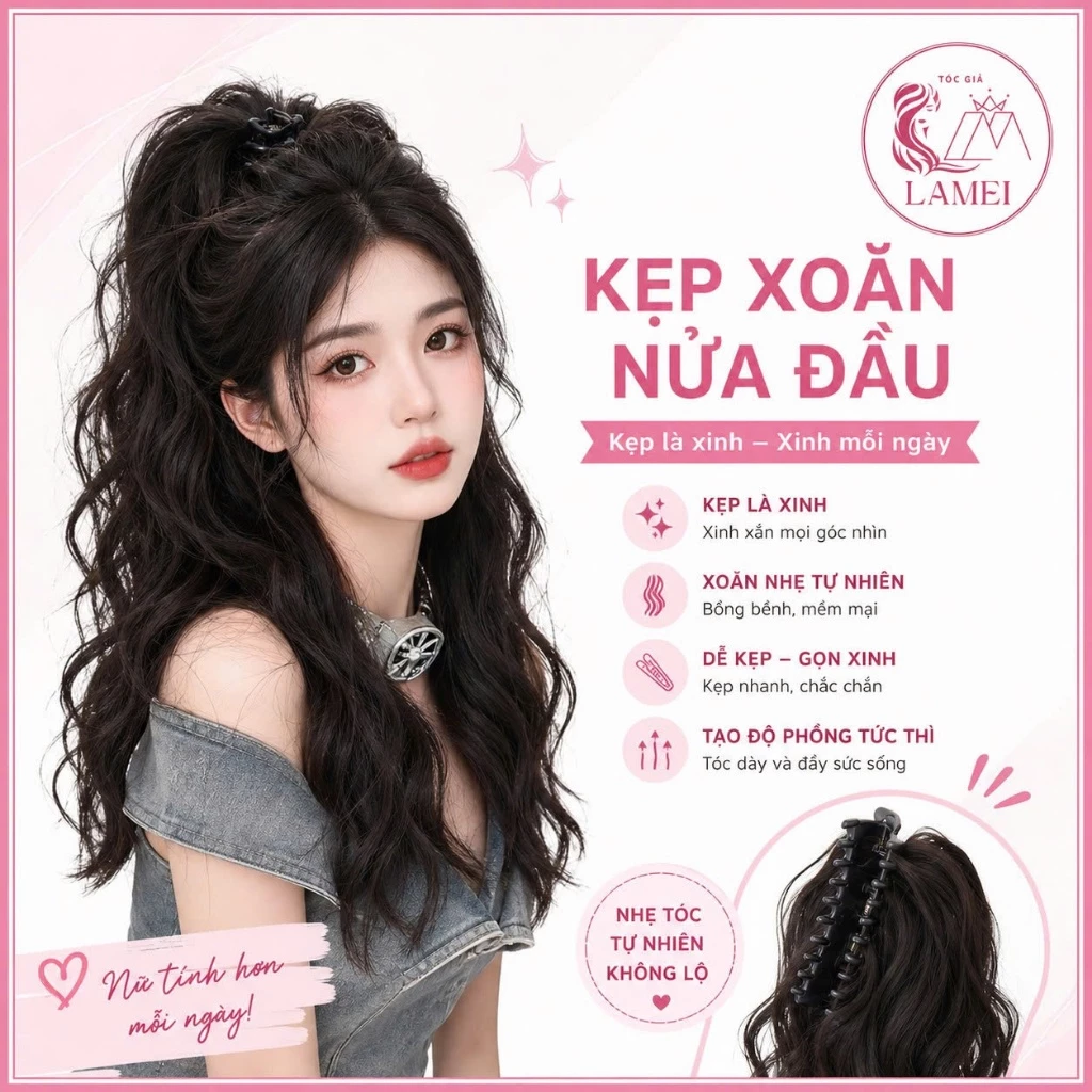 Tóc Giả Ngoạm Nẹp nửa đầu Xoăn Sóng tự nhiên thời trang Lamei