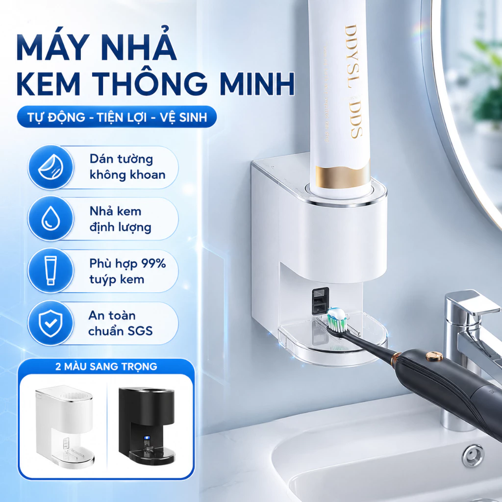 Máy Lấy Kem Đánh Răng Tự Động Cảm Biến, Pin 1200mAh, 6 Mức Kem, IPX6, Cảm Biến Không Chạm, Phù Hợp Gia Đình