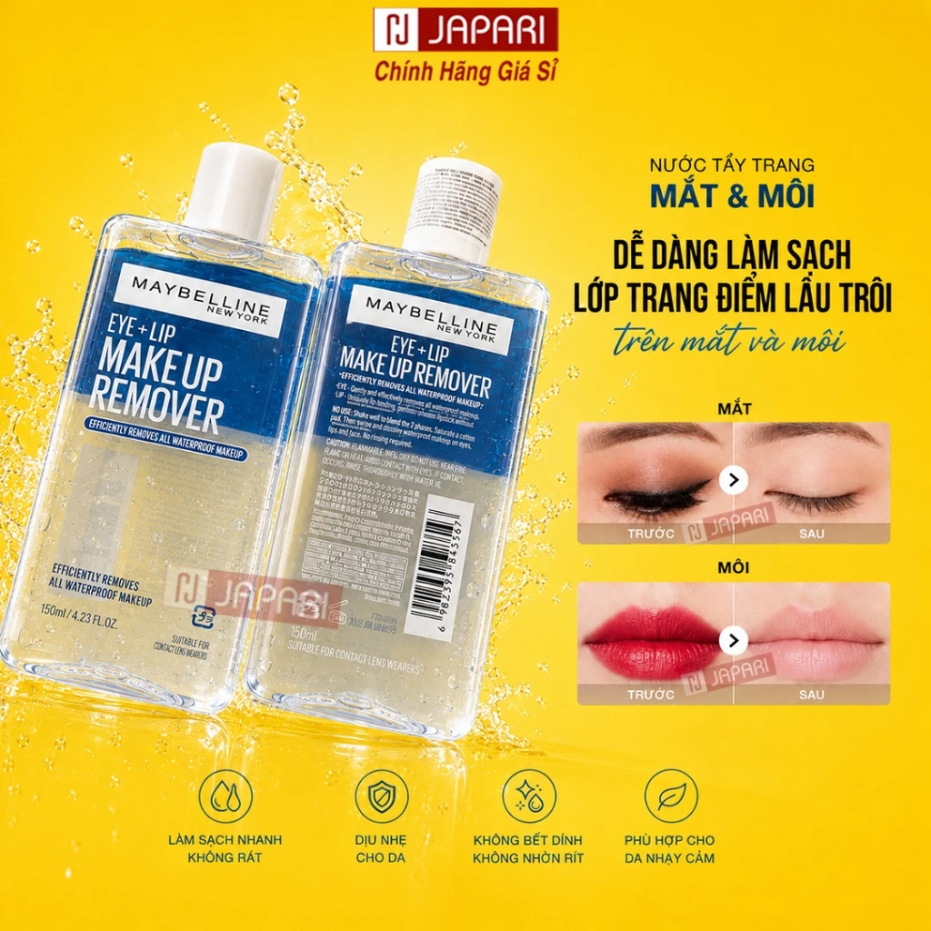 Nước Tẩy Trang Mắt Môi Maybelline Eye & Lip 150ml CHÍNH HÃNG - Nước Dầu Tẩy Trang Làm Sạch Makeup - Japari