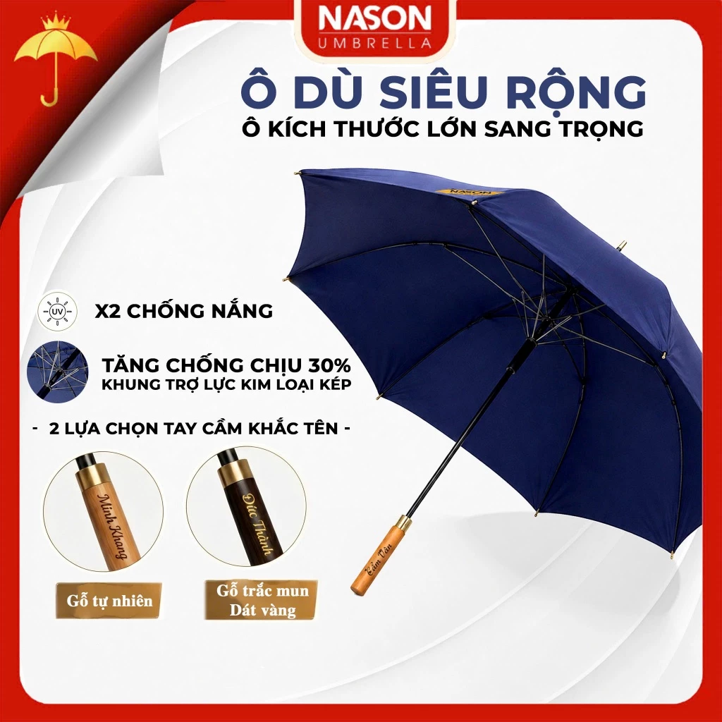 Ô dù che mưa nắng chống UV cao cấp tán siêu rộng 134cm G30 NASON UMBRELLA, tay cầm gỗ khắc tên theo yêu cầu