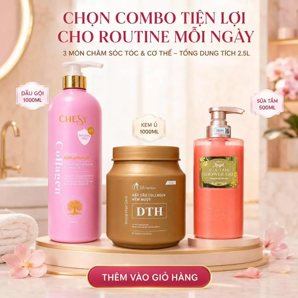 Combo Dầu Gội Phục Hồi Chesy 1000ml + Kem Ủ Tóc Collagen DTH 1000ml + Sữa Tắm Bibee Royal Hồng 500ml