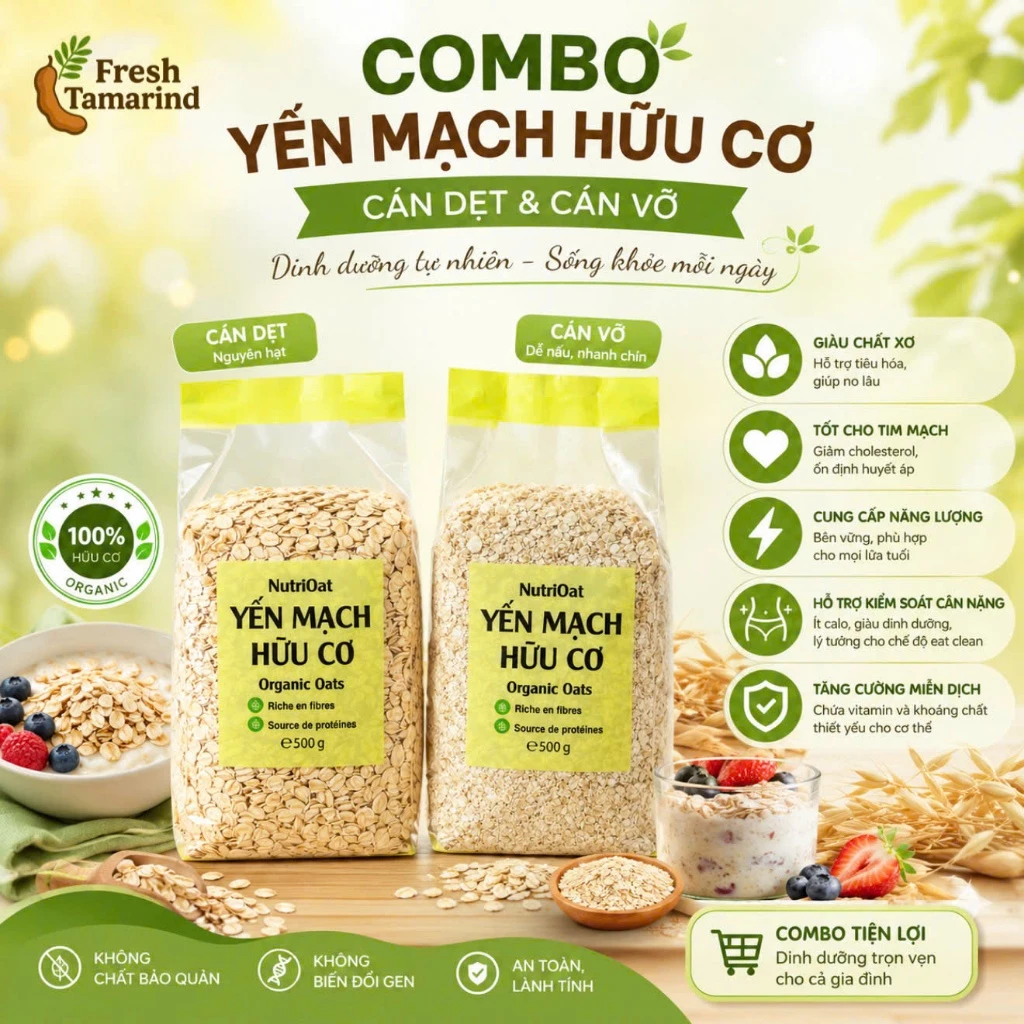[CB 2 TÚI] 500g Yến Mạch Hữu Cơ Cán Dẹt & 500g Yến Mạch Hữu Cơ Cán Vỡ - Lựa Chọn Thông Minh