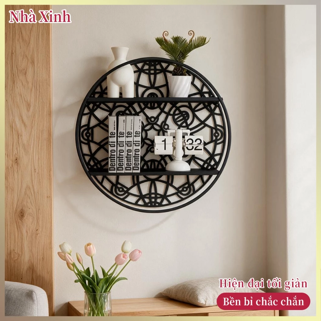 Kệ treo tường kim loại tròn hoa văn để sách cây decor phòng khách ngủ, khung chắc chống gỉ, tiết kiệm không gian dễ lắp