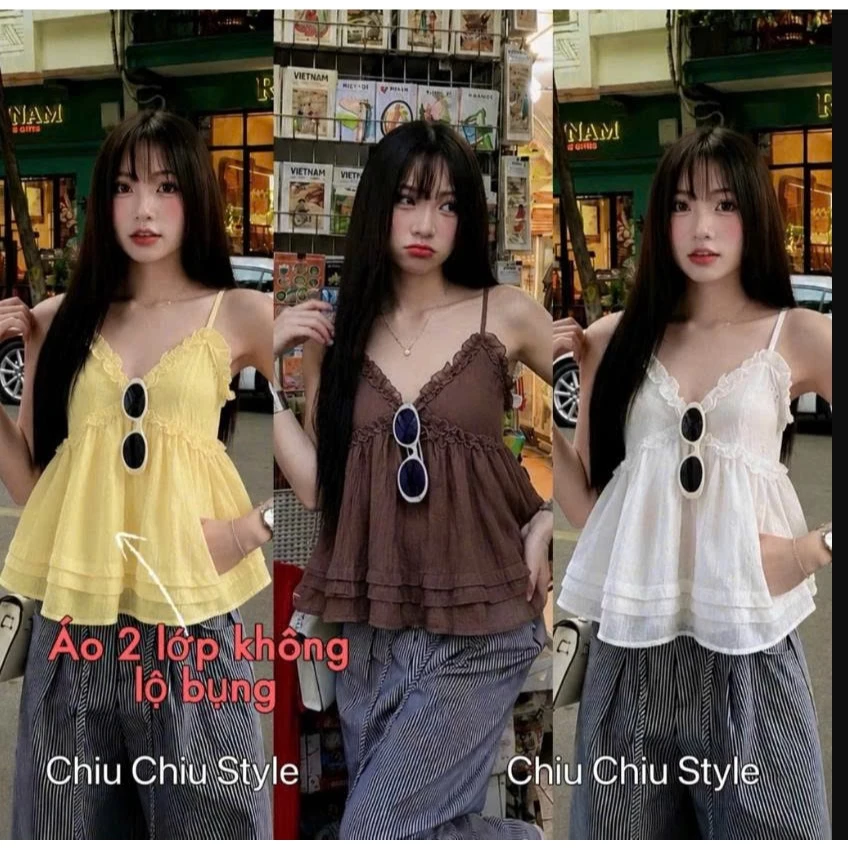 Áo 2 dây dáng babydoll phối ren bèo cho Nữ phong cách tiểu thư xinh xắn dễ thương