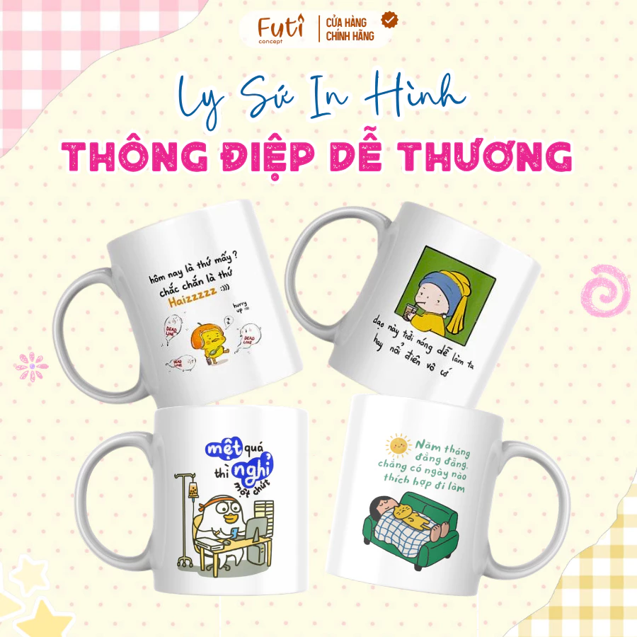 Ly Sứ In Hình Thông Điệp Dễ Thương, Ly Sứ Trắng In Hình Làm Quà Tặng Ý Nghĩa