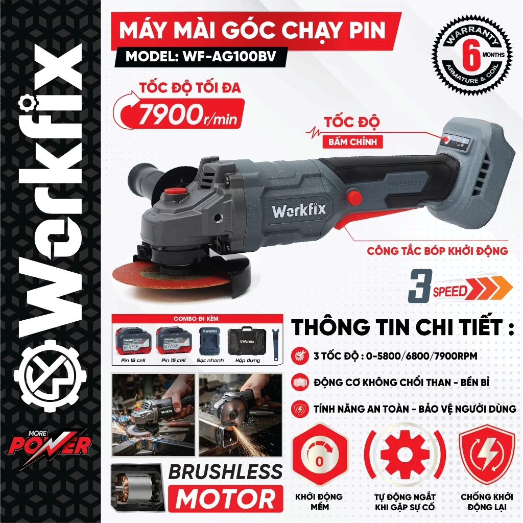 [BẢN NÂNG CẤP] Máy mài pin Workfix WF-AG100BV Anti-kickback 4 Tính Năng, Chuyên Cắt, Cưa - Máy mài góc dùng pin