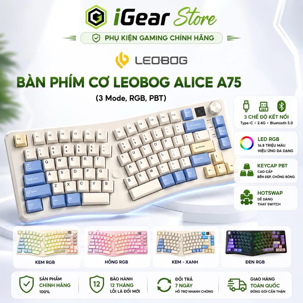 Leobog A75 Bàn phím cơ Alice A75 3 Mode không dây USB 2.4 Ghz Bluetooth Type-C Chơi Game Led RGB