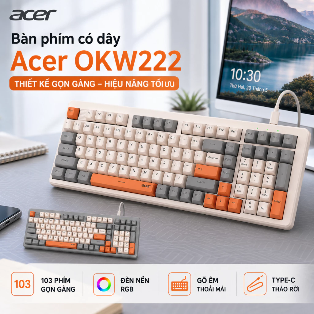Bàn Phím Có Dây Acer OKW222, LED Nhiều Màu, 103 Phím, Type-C Tháo Rời, Phím FN Đa Chức Năng