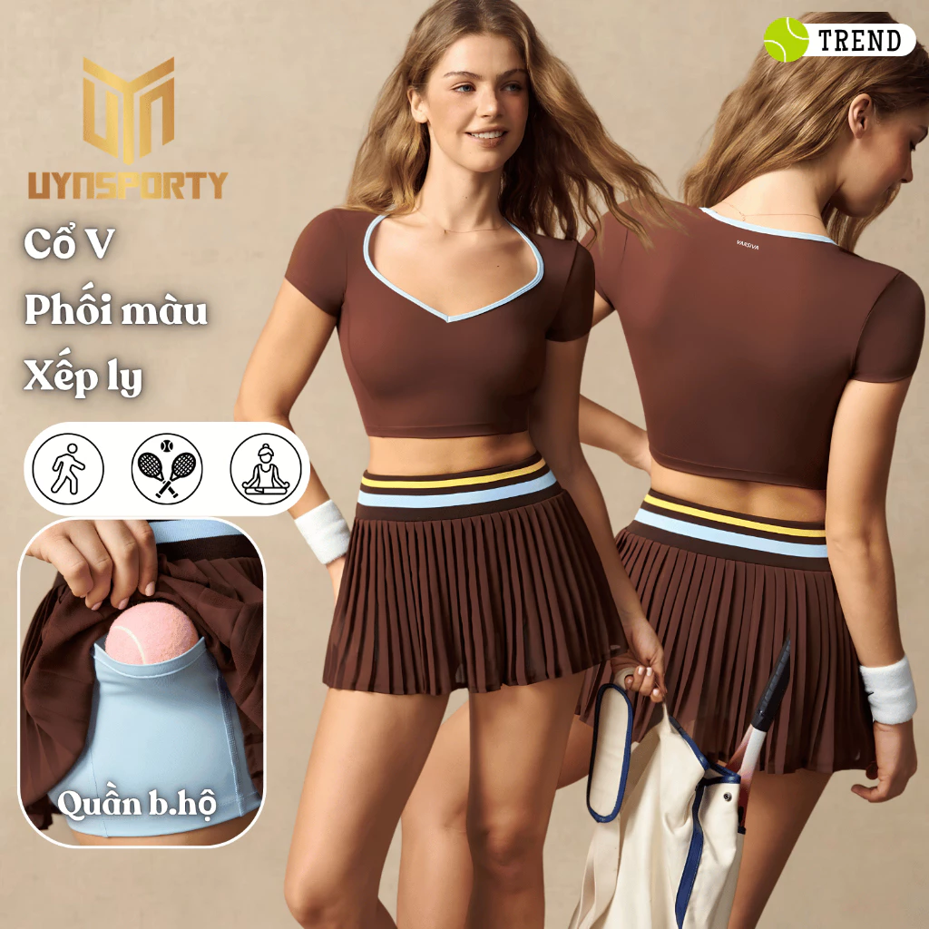 Đồ Tập Pickleball Nữ UYNSPORTY Áo Croptop Cổ V Hở Lưng, Chân Váy Xếp Ly Sọc Kẻ, Bộ Đồ Pickleball Nữ