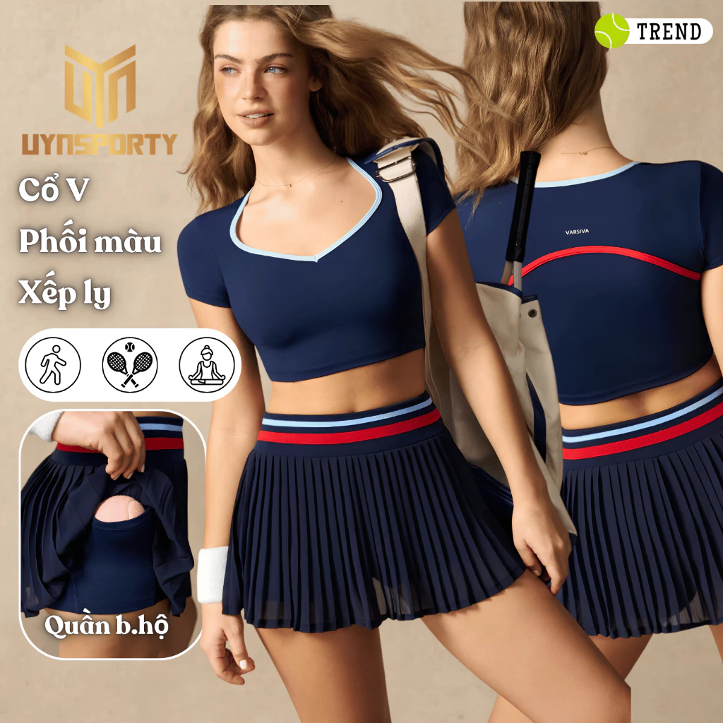 Đồ Tập Pickleball Nữ UYNSPORTY Áo Croptop Lưng Racerback, Chân Váy Quần Xếp Ly, Bộ Đồ Pickleball Nữ