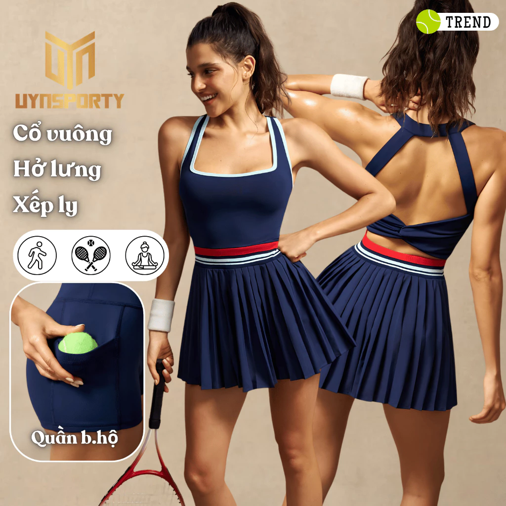 Váy Pickleball Nữ UYNSPORTY Có Quần Trong Chống Lộ Váy Tennis Hở Lưng Cổ Yếm Xếp Ly Bộ Đồ Pickleball