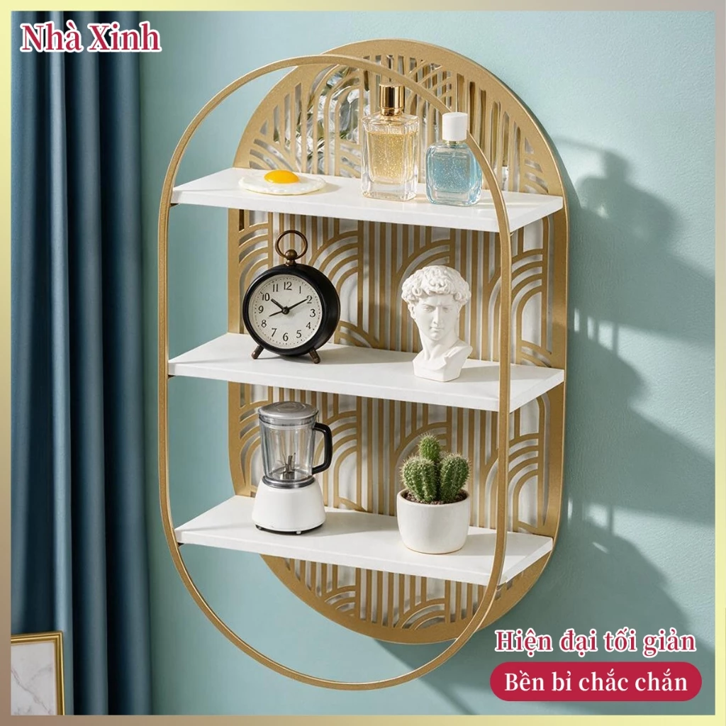 Kệ treo tường elip kim loại đa năng chứa đồ decor, khung cứng không biến dạng, lắp nhanh không chiếm không gian mặt bàn