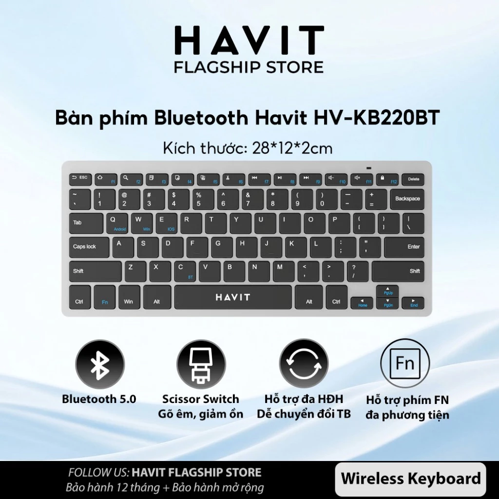 Bàn Phím Bluetooth Havit HV-KB220BT Scissor Switch Mỏng Nhẹ Gõ Êm Bluetooth 5.0