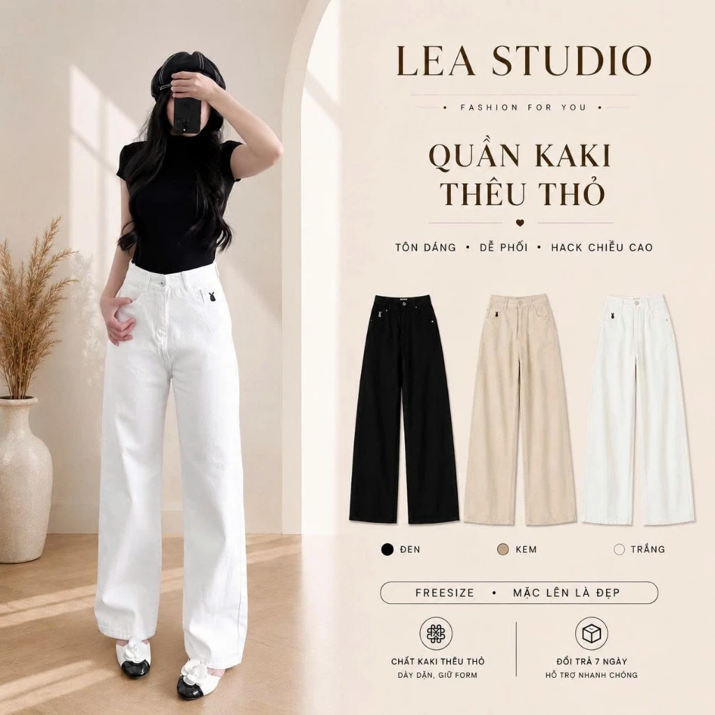Quần jean bò kaki thêu thỏ ống rộng suông nữ jeans chất mềm mại cạp cao phong cách style Lea Studio