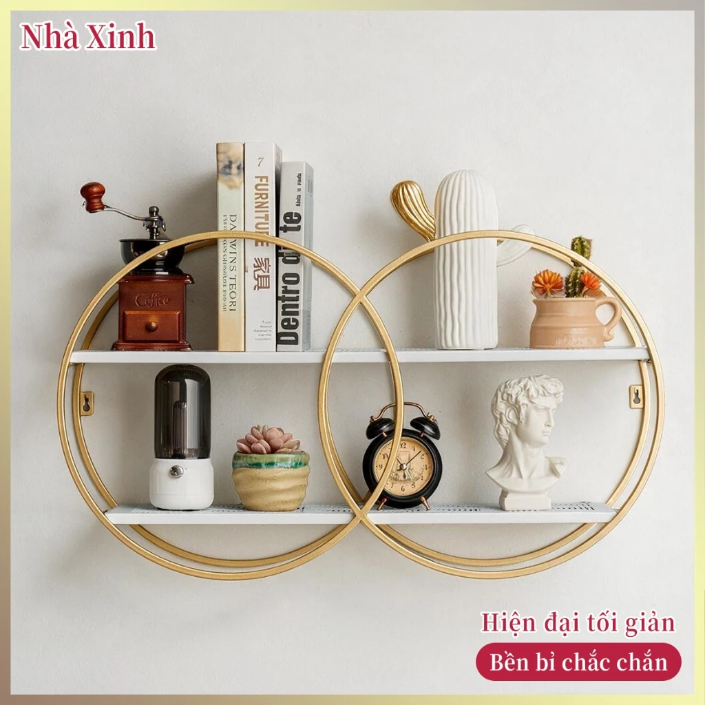 Kệ hai vòng tròn giao thoa độc đáo, kim loại dễ vệ sinh, lưu trữ đồ decor tạo điểm nhấn đẹp cho không gian nhà