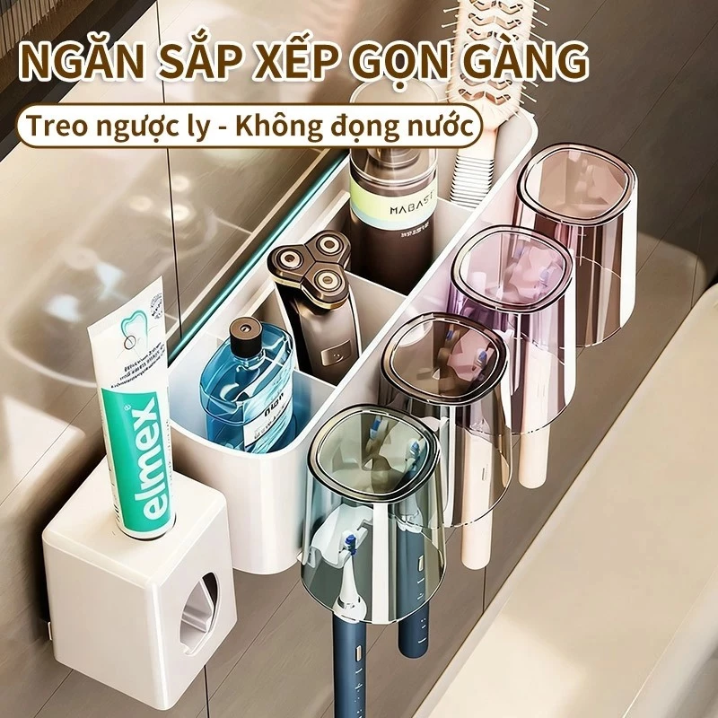 Bộ 4 cốc đựng bàn chải đánh răng, nhả kem tự động tiện lợi
