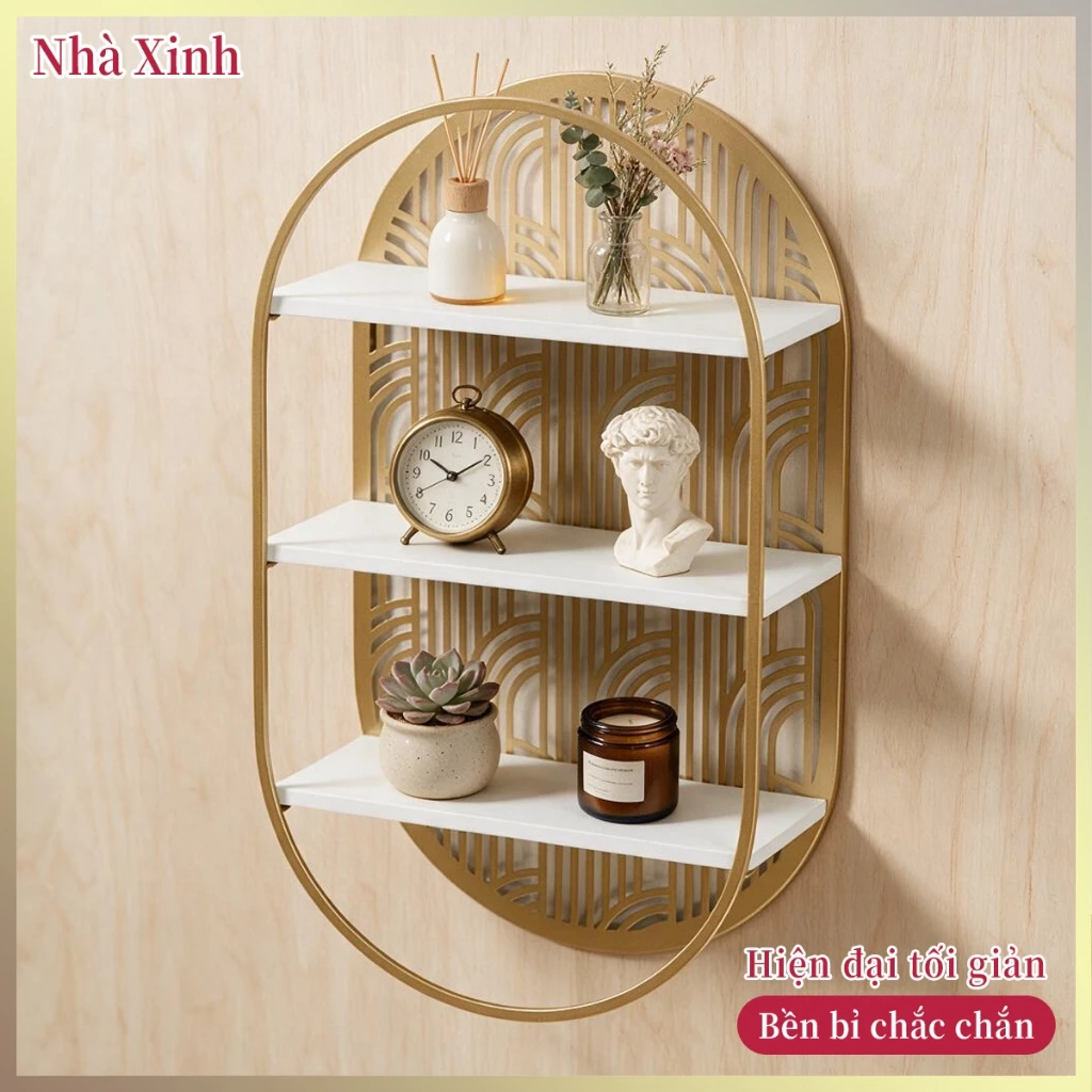 Kệ treo tường kim loại hoa văn tinh xảo, cứng chống gỉ bền. Lưu trữ decor, nước hoa cây cảnh tiết kiệm không gian dễ lau