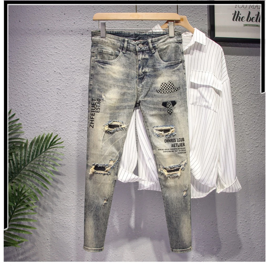 Quần Bò Jean Nam Dài Xanh Bạc Rách Gối Kiểu Đẹp Mới Lạ, Chất Jean Co Giãn, Form Chuẩn Rách Gối In Hình QJN 2007