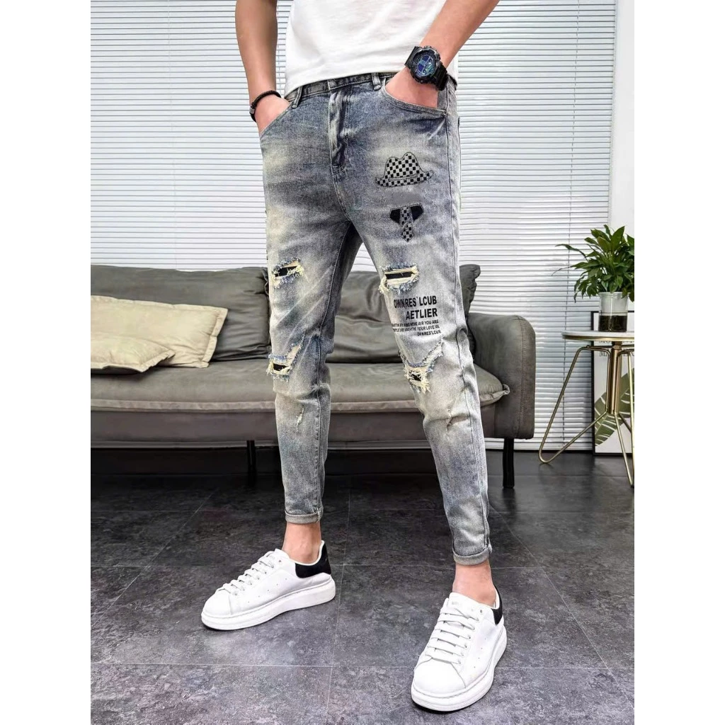 Quần Jean Nam Cạp Cao Wash Khói Rách Gối In Hình Mới Lạ Cá Tính QJN 2007