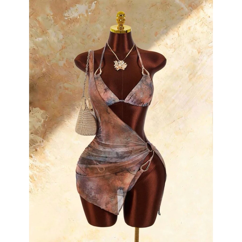 [Order] (Lùi Size) Set 3 Món Bikini Kèm Áo Lệch Tà Mặc Ngoài Phối Khoen Vàng Màu Sắc Mùa Hè, Phù Hợp ĐI Biển.