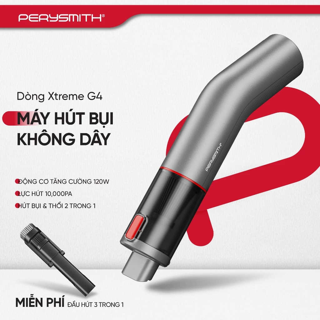 Máy hút bụi mini PerySmith G4, Lực Hút 10k PA Hút Khe Hẹp, Ô Tô, 120W, Thiết Kế Gọn Nhẹ 1.2kg