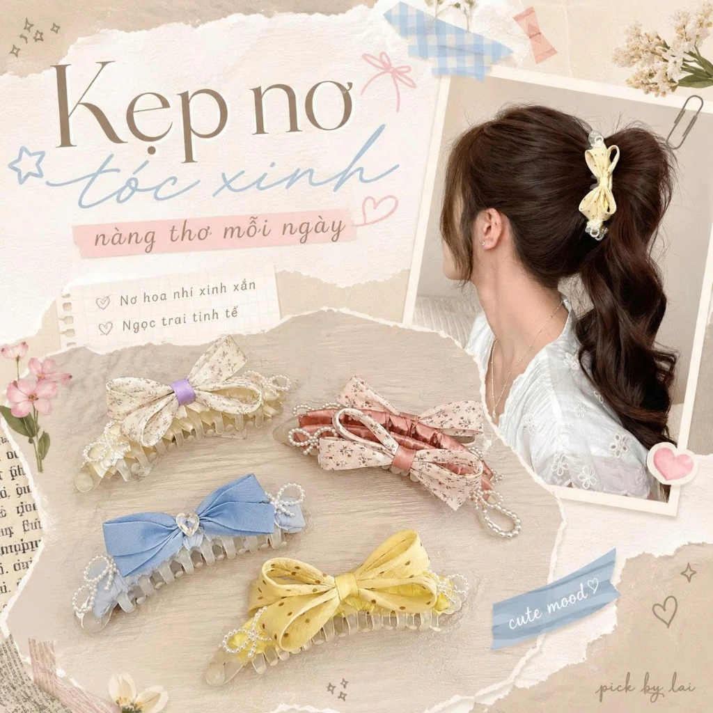 Kẹp Chuối Nơ Hoa Nhí Hàn Quốc Kẹp Tóc Nữ Đính Ren Phối Ngọc Trai Cố Định Tóc Chắc Chắn Phụ Kiện Xinh