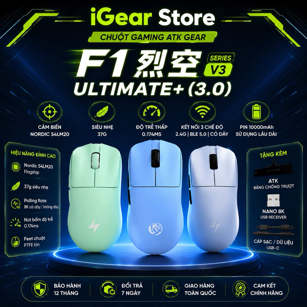 Chuột Không Dây ATK F1 V3 Nhẹ 38g, Cảm Biến PAW3950 Ultra, Polling Rate 8000Hz - Hiệu Suất Đỉnh Cao