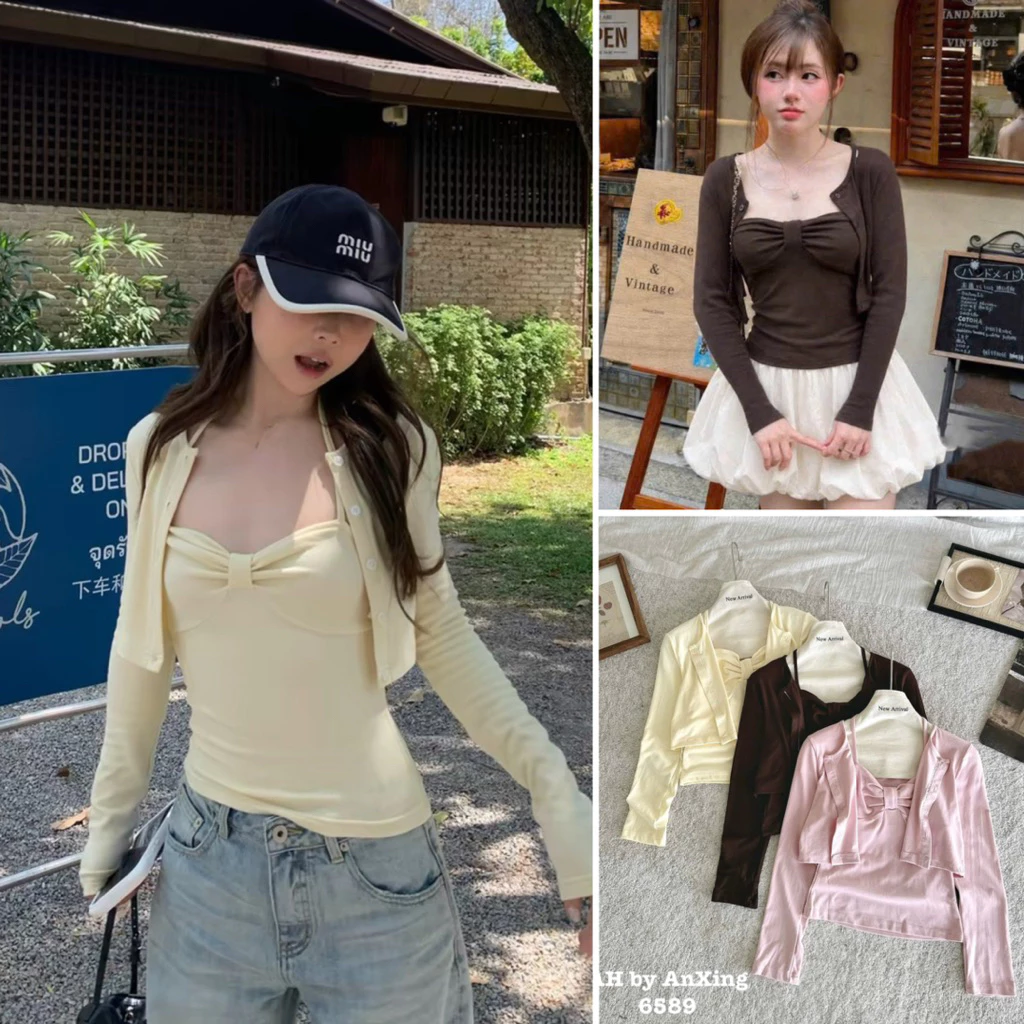 [HÀNG L1 SẴN] Set 2 món: áo dây nơ ngực mix cardigan dáng ngắn chất bozip HYNA SET 6589
