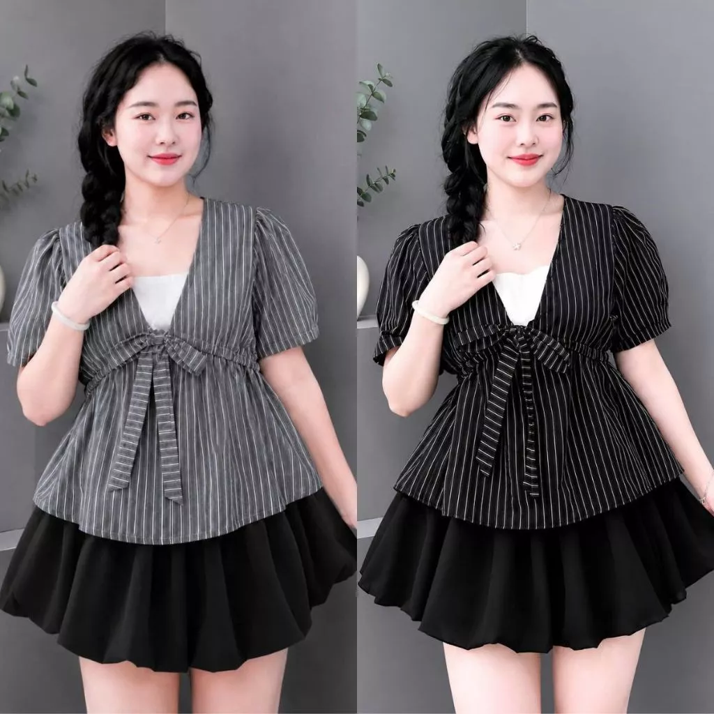 Sét áo kiểu nữ phối cổ có eo tôn dáng, phối chân váy bí ngô có bảo hộ, thích hợp mang quanh năm Bigsize nữ -A360+CV413