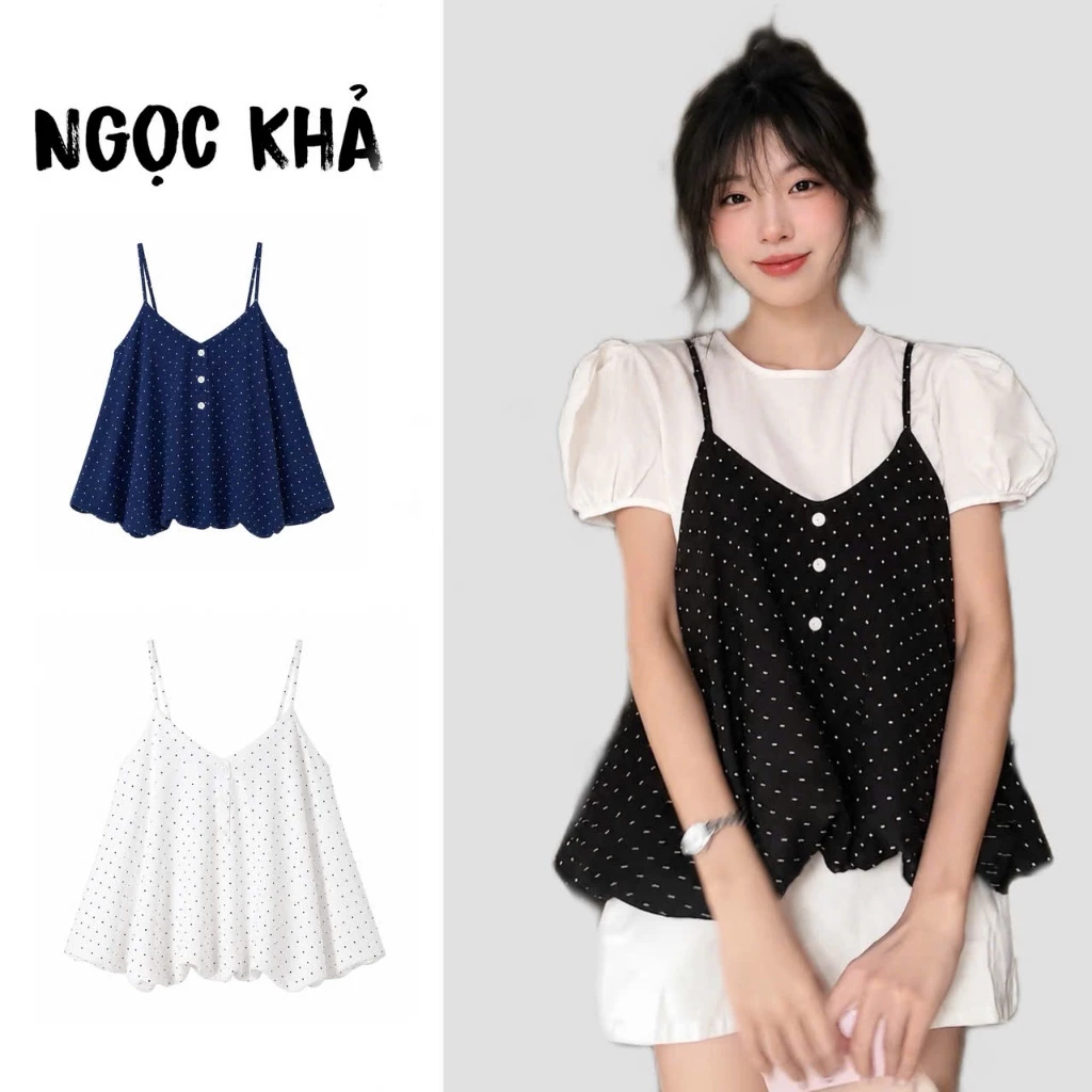 Set Yếm Nữ 2 Dây Chấm Bi Dáng Bí Cúc Dọc Kèm Áo Thun Trơn (Có Bán Lẻ)