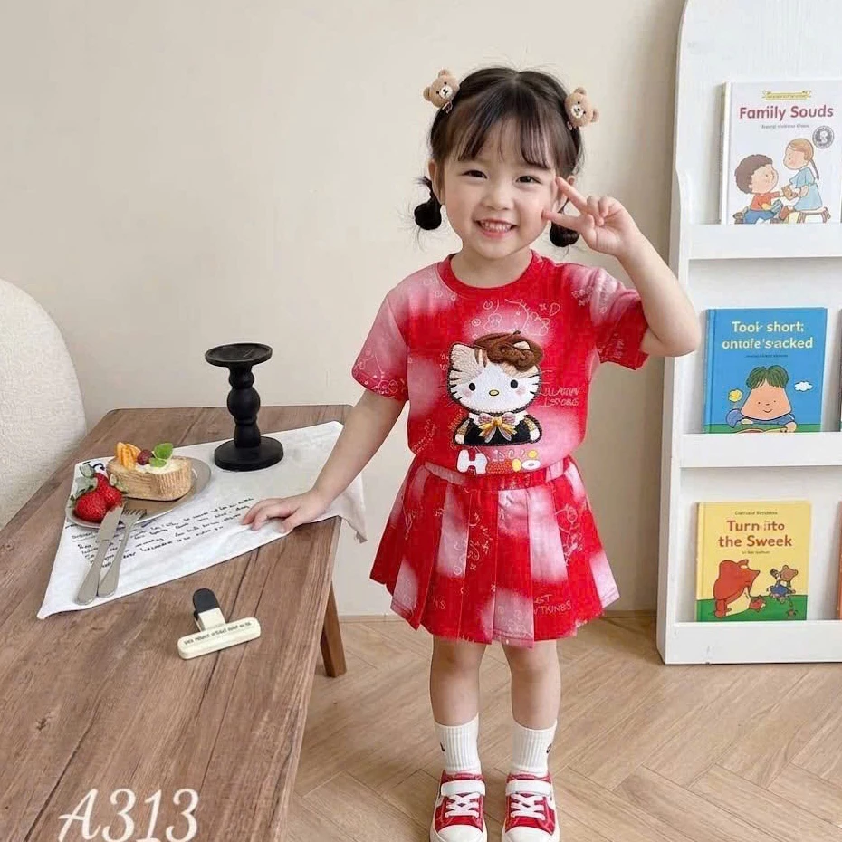[A57] Váy xếp ly mèo mũ bé gái, đầm thun su 4 chiều mềm mát dễ thương đi học đi chơi chụp ảnh hè cho bé 9 - 37kg