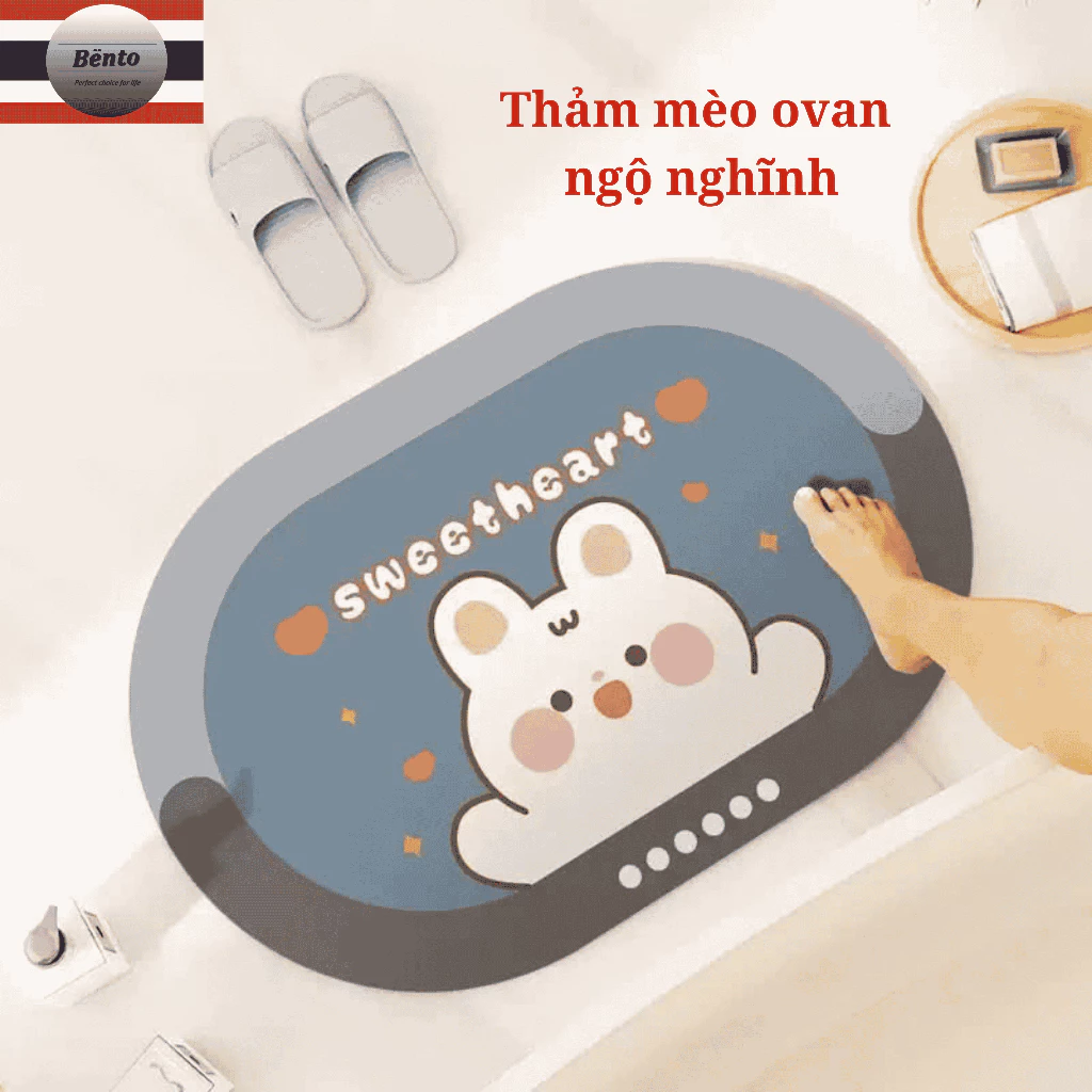 Bentomop _Thảm Lau Chân mèo ngộ nghĩnh thấm Hút Nước Dùng Cho Bếp, Phòng Tắm tròn hoặc chữ nhật size 40x60cm bé mèo