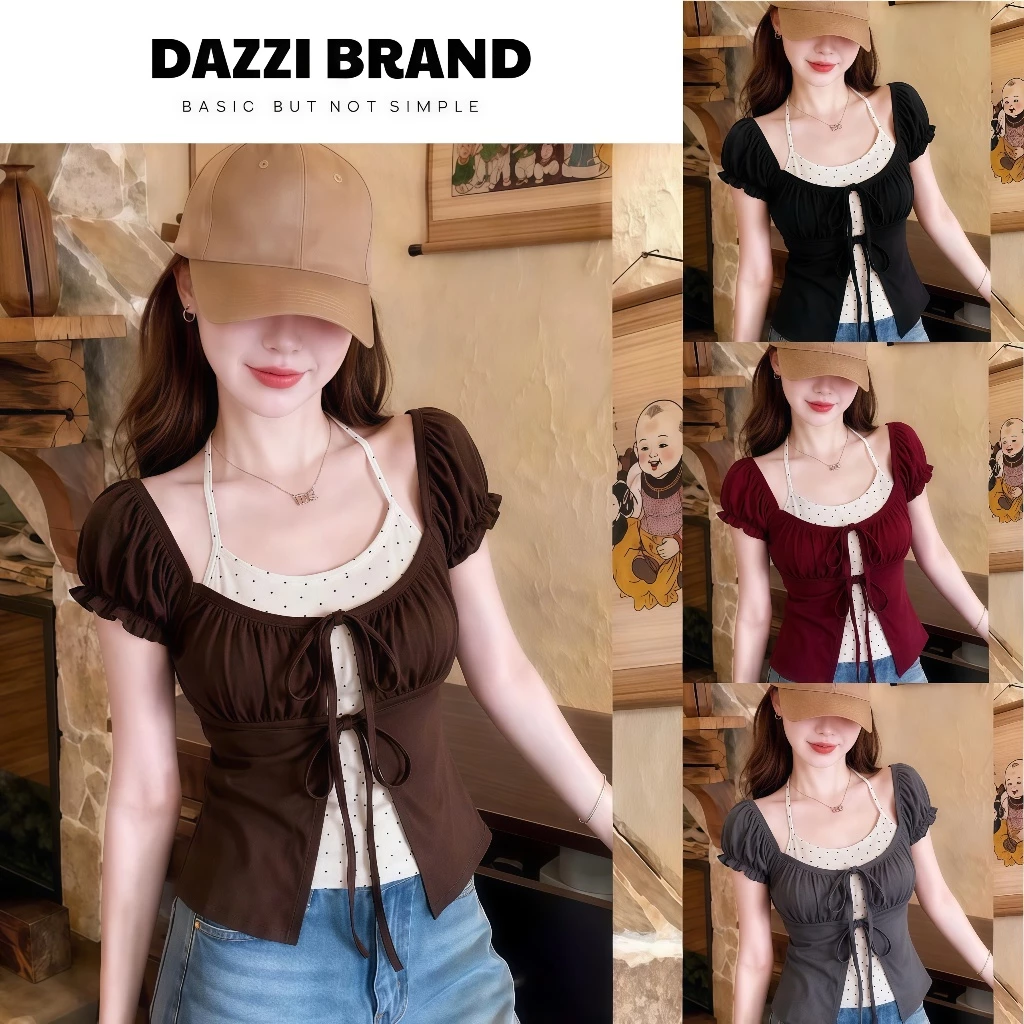 Áo thun nữ tay nhún tiểu thư phối yếm chấm bi vải cotton DAZZI A07