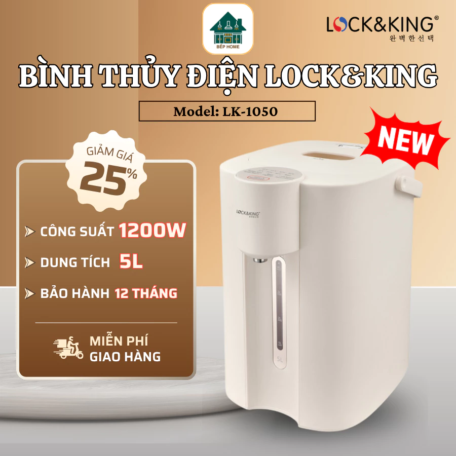 Bình Thủy Điện Lock&King LK-1050 Trang Bị Khóa Thông Minh An Toàn, Chất Liệu Nhựa Và Thủy Tinh Cao Cấp - Bếp Home
