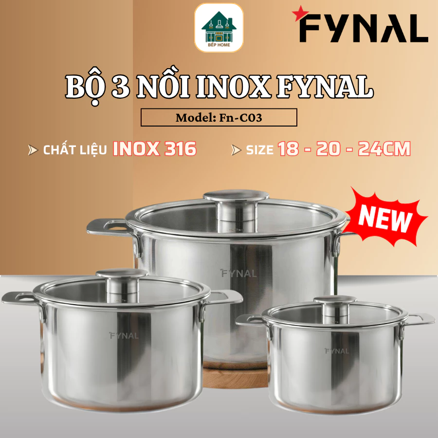 Bộ Nồi Đúc Liền Khối Fynal FN-C03 Gồm 3 Nồi Kích Thước Tiện Lợi, An Toàn Khi Sử Dụng Trong Máy Rửa Chén - Bếp Home