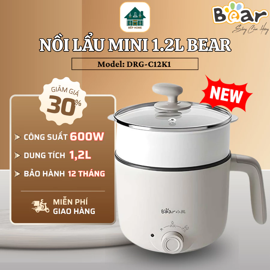 Nồi Lẩu Điện Mini Đa Năng Bear 1.2L DRG-C12K1 Tích Hợp Xửng Hấp Tiện Lợi Đi Kèm, Chống Cháy Khô Tự Động Ngắt - Bếp Home