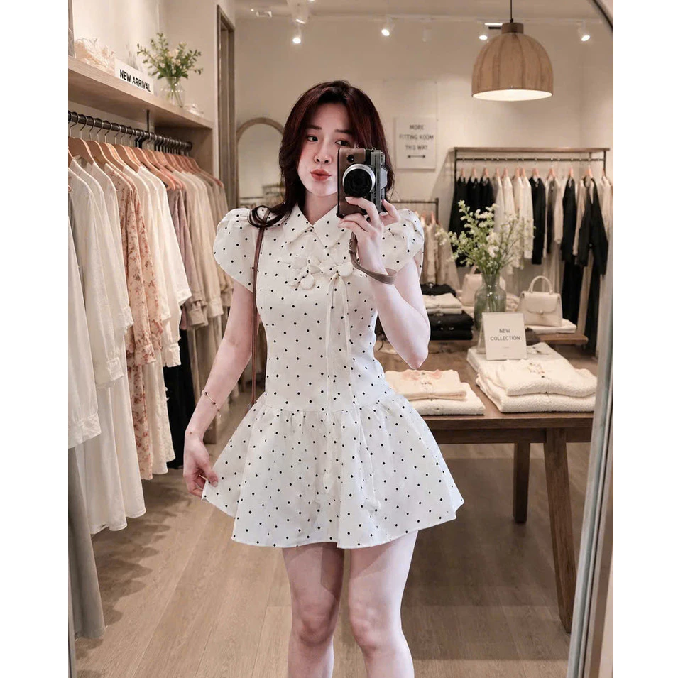Đầm Nữ CỔ SEN Ngắn Kết Hoa Phối Chấm Bi (CÓ KÈM QUẦN) Mới Cực Đẹp Xinh Xắn Dành Cho Các Chị Em LANO STORE