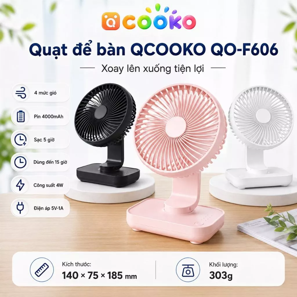 [SALE SỐC]Quạt Tích Điện Quạt Qcooko F606 Để Bàn Pin 4000mah Dùng Liên Tục Đến 15h Xoay 90 Độ 4 Chế Độ Gió