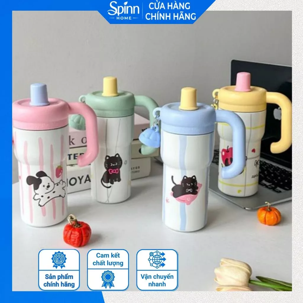 Bình nước giữ nhiệt kèm ống hút 600ml, ly giữ nhiệt inox 304 có tay cầm dễ thương dễ dàng mang đi