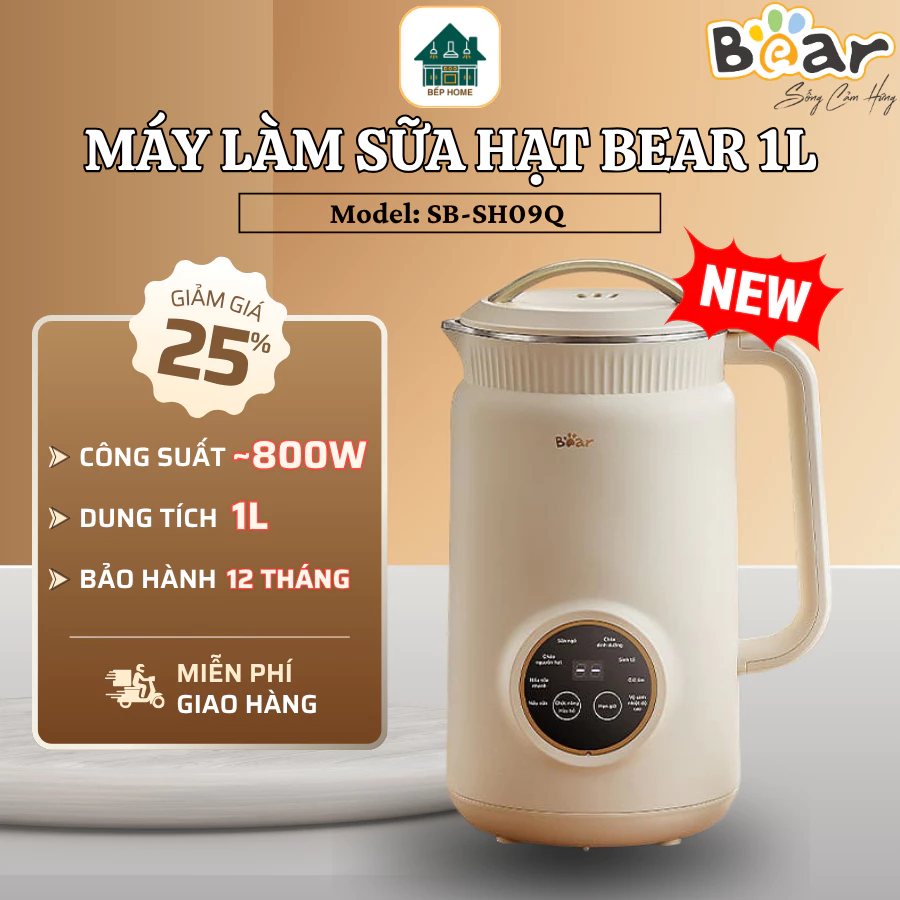 Máy Làm Sữa Hạt Bear SB-SH09Q Dung Tích 1L Hệ Thống 10 Lưỡi Dao, Xay Nấu Đa Năng Cho Gia Đình - Bếp Home