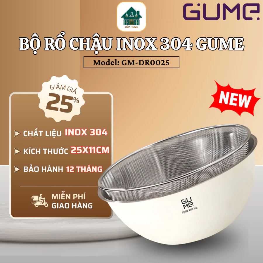 Bộ Rổ Chậu Inox 304 Gume GM-DR0025 Rổ Lưới Mắt Nhỏ, Rửa Rau Củ Không Lo Rơi Lọt - Bếp Home